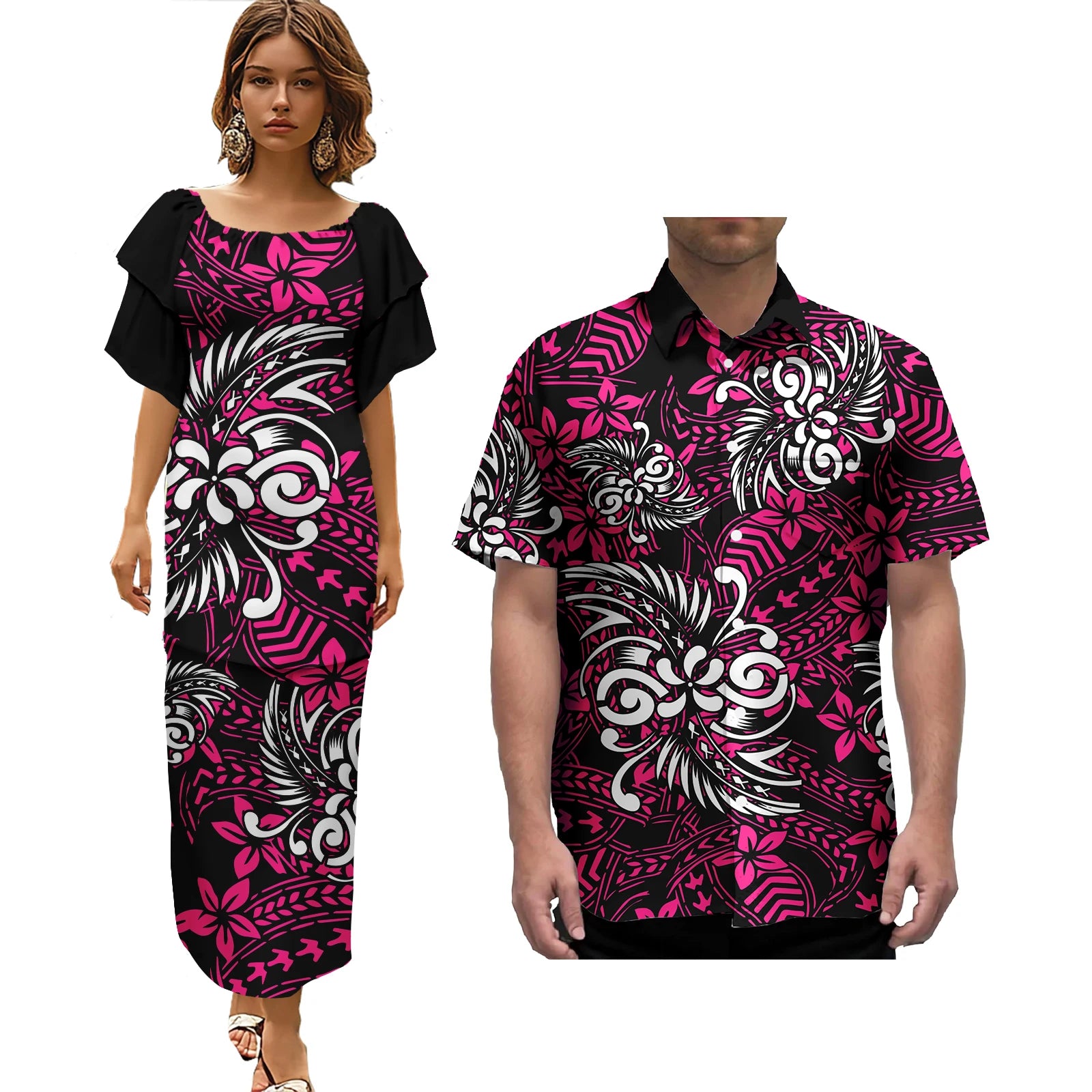 Pacific Island Wedding Party Couple Sets Polynesian Tribal Fijian Print Couple Matching Clothes Women Dress Men Aloha Shirts