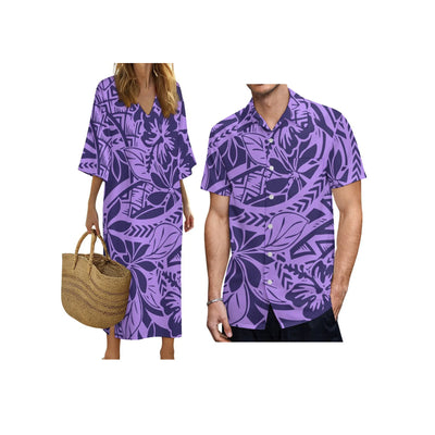New Print on Demand Custom Polynesian Island Design V Neck Ladies Dress Matching Aloha Men Short Sleeve Shirts Couple Clothing