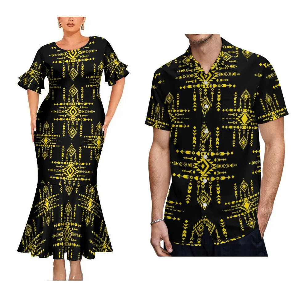 Island Style Couple Set Samoan Art Design Women'S Crew-Neck Fishtail Dress And Pacific Island Art Print Men'S Aloha Shirt