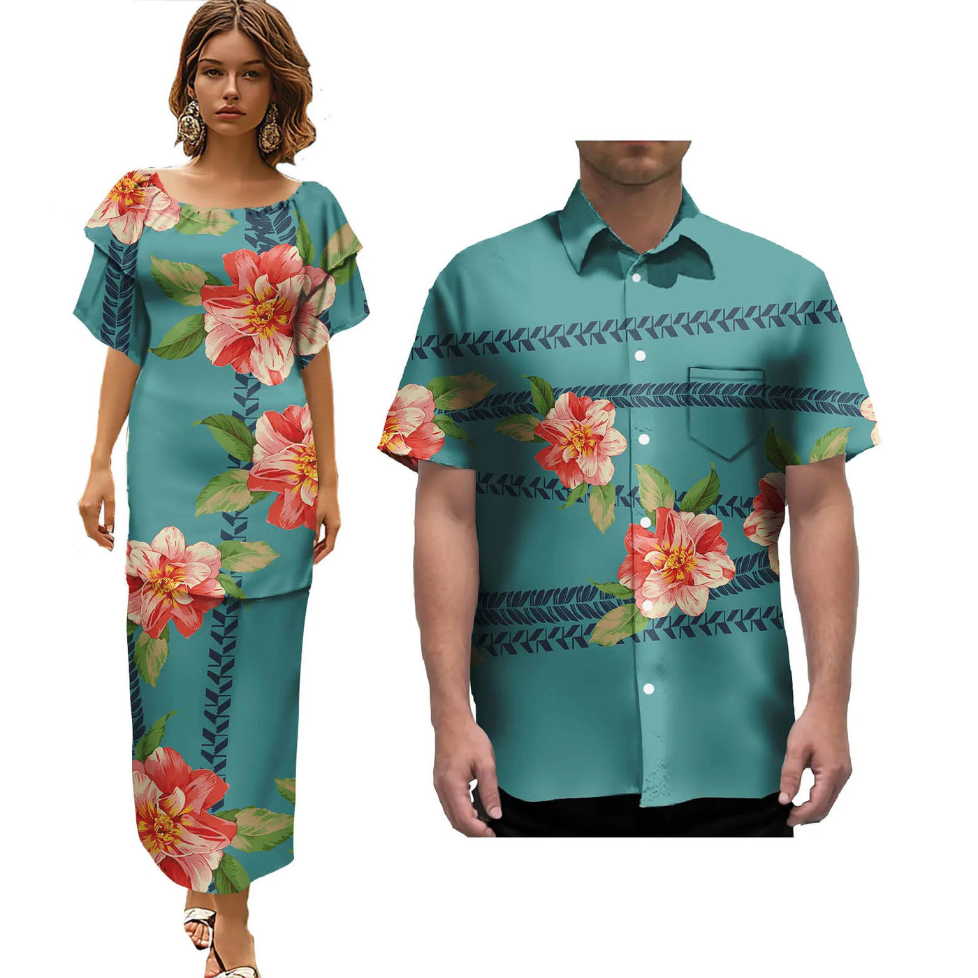 Hot Selling Pacific Island Art Trendy Lady Puletasi Dresses and Men Aloha Shirt Polynesian Tribal Couple Suit