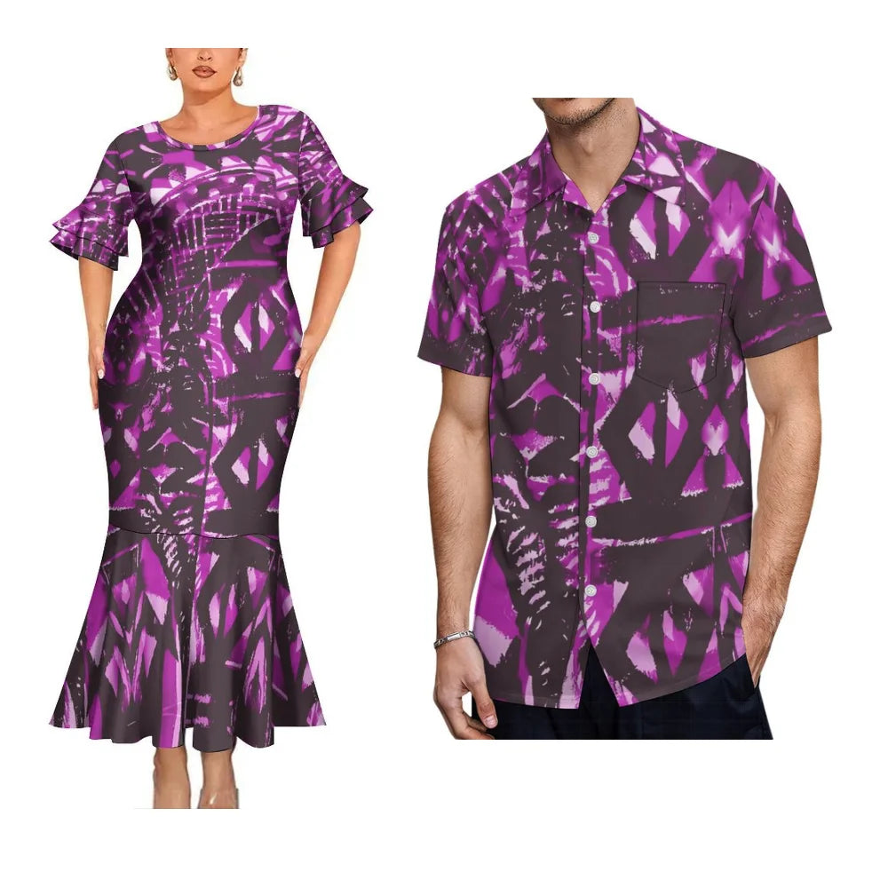 Island Style Couple Set Samoan Art Design Women'S Crew-Neck Fishtail Dress And Pacific Island Art Print Men'S Aloha Shirt