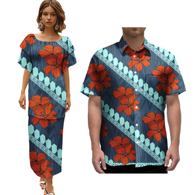 Hot Selling Pacific Island Art Trendy Lady Puletasi Dresses and Men Aloha Shirt Polynesian Tribal Couple Suit