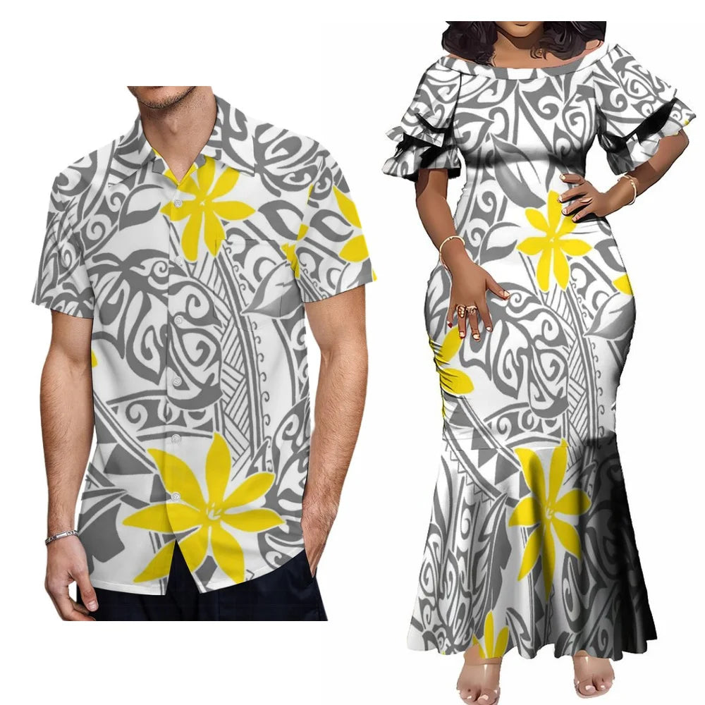 Hawaiian Floral Print Samoa Plus-Size Couple Set Pacific Island Sexy Slim-Fit Dress And Men'S Aloha Shirt Support Your Design