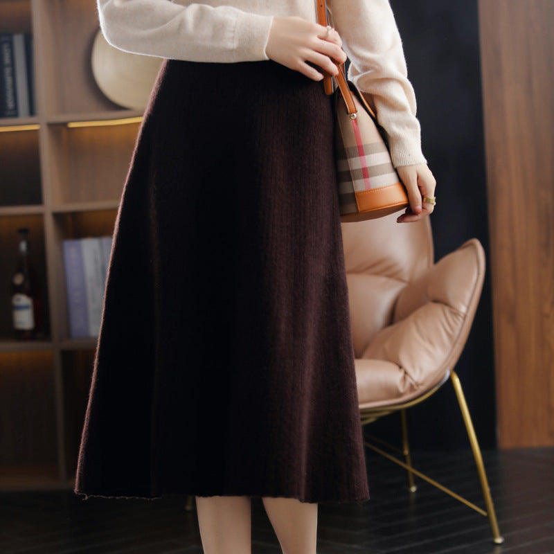 Wool Knitted Stretch Mid-length Cashmere Pleated Skirt