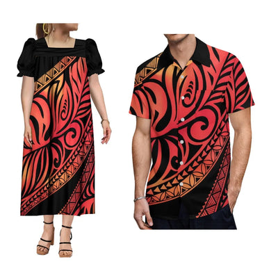 Polynesian Islands Hd Print Fashion Wear Mumu Women'S Square Neck Puffy Sleeve Dress With Summer Men'S Aloha Shirt