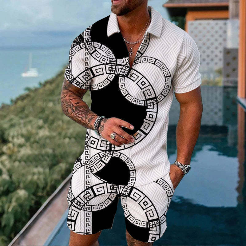 Cross-border Platform Summer 3D Printed Polo Short-sleeved Shorts Suit European And American Style Men's Hawaii 2-piece Set