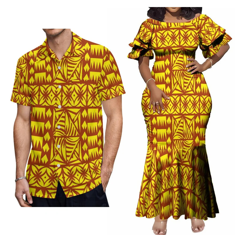 Hawaiian Floral Print Samoa Plus-Size Couple Set Pacific Island Sexy Slim-Fit Dress And Men'S Aloha Shirt Support Your Design