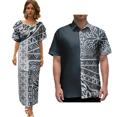 Hot Selling Pacific Island Art Trendy Lady Puletasi Dresses and Men Aloha Shirt Polynesian Tribal Couple Suit