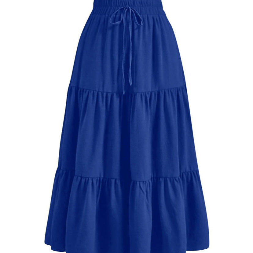 European And American Solid Color Stitching Ruffle Elastic Pocket Skirt