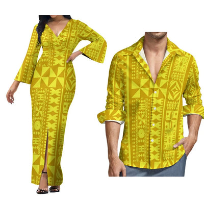 Custom Polynesian Island Style Samoa-Fiji Plus Size Couple Set Women'S Dress Beach Party Split Skirt And Men'S Aloha Shirt