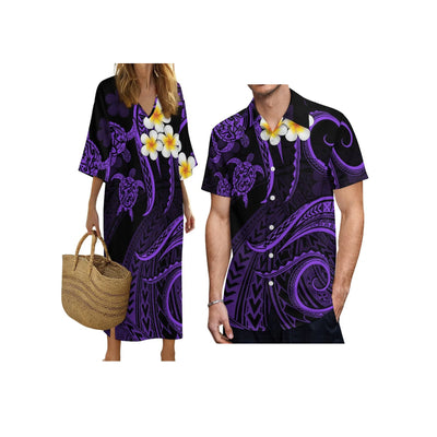 New Print on Demand Custom Polynesian Island Design V Neck Ladies Dress Matching Aloha Men Short Sleeve Shirts Couple Clothing