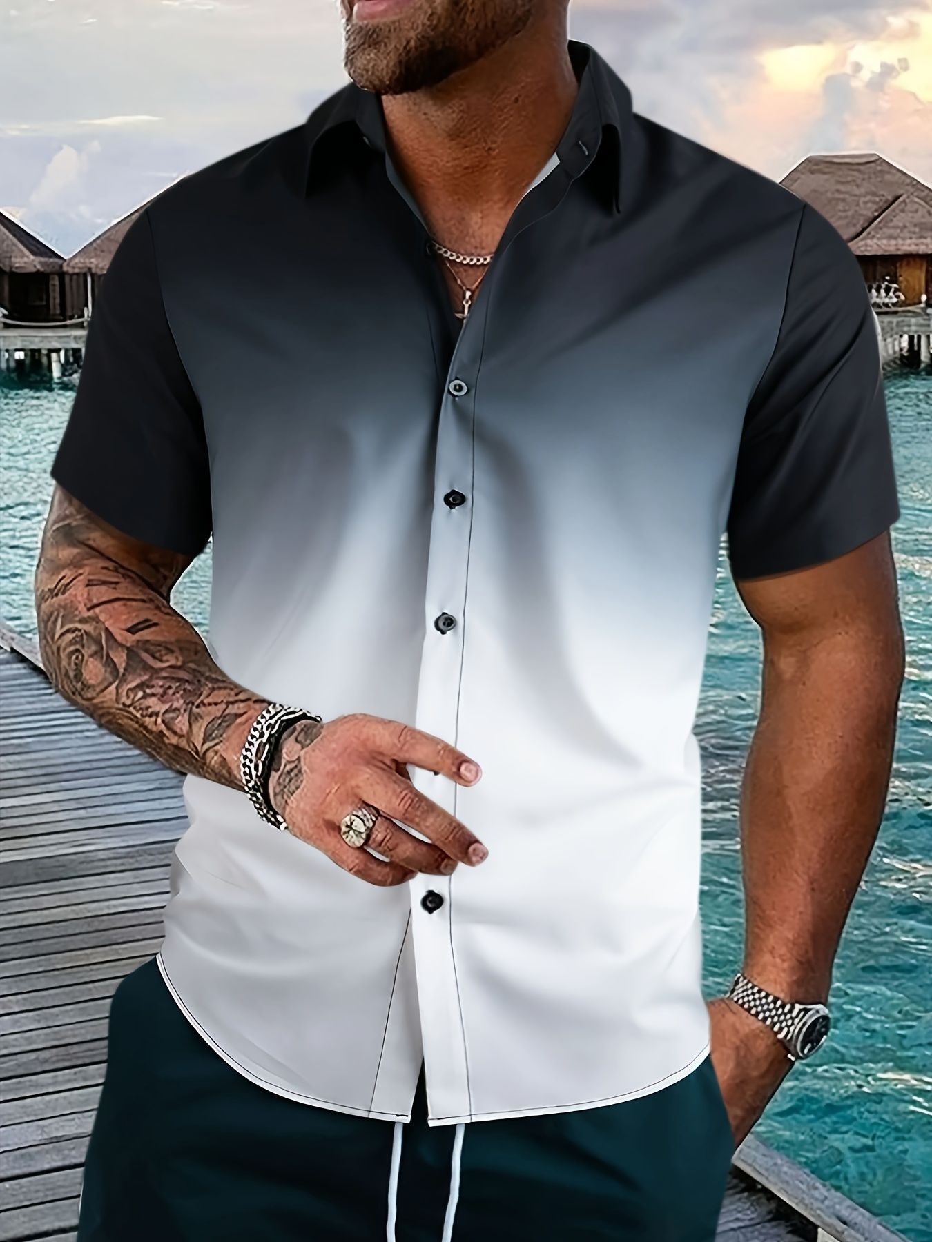 Beach Surfing European And American Foreign Trade 3D Digital Geometry Hawaii Printing Men Short Sleeve