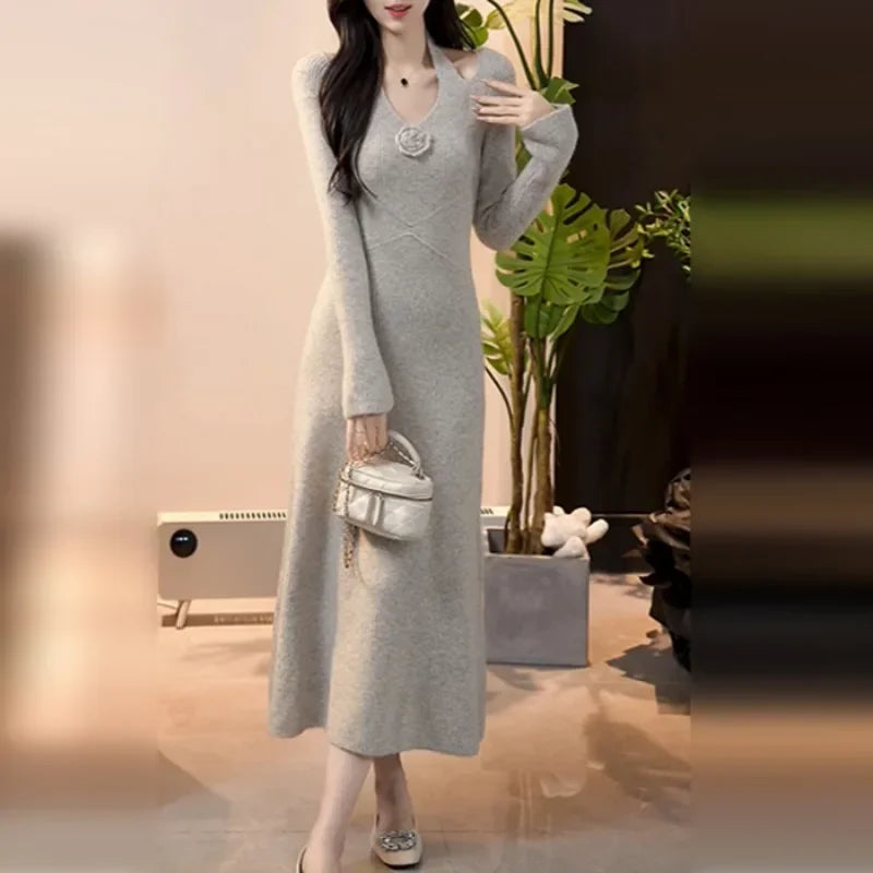 Women's Black Midi Dress - Budget-Friendly High Waist V-Neck Long Sleeve