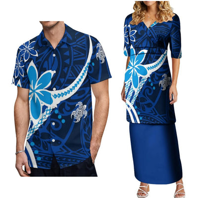 2024 Women'S High-Waisted Dress Puletasi Top And Maxi Pacific Island Holiday Party Outfit Matching Hawaiian Men'S Aloha Shirt