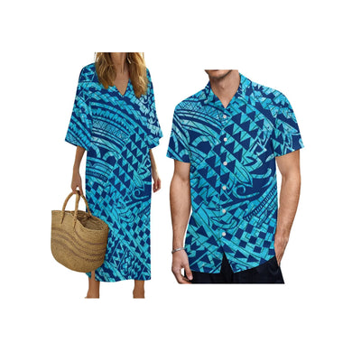 New Print on Demand Custom Polynesian Island Design V Neck Ladies Dress Matching Aloha Men Short Sleeve Shirts Couple Clothing