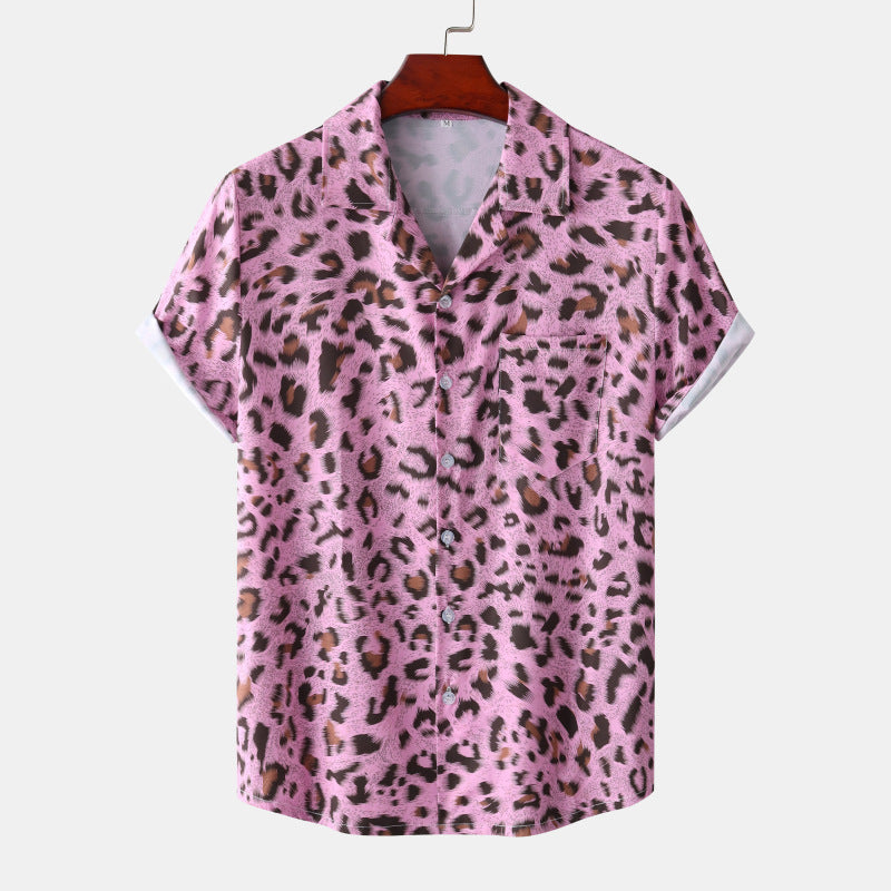 Summer New Hawaii Beach Cuban Collar Ice Silk Digital Printing Leopard Print Short Sleeve Flower Shirt