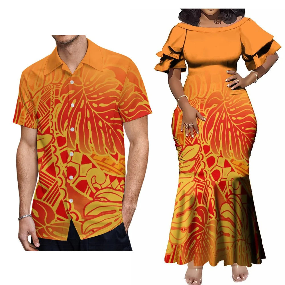 Hawaiian Floral Print Samoa Plus-Size Couple Set Pacific Island Sexy Slim-Fit Dress And Men'S Aloha Shirt Support Your Design
