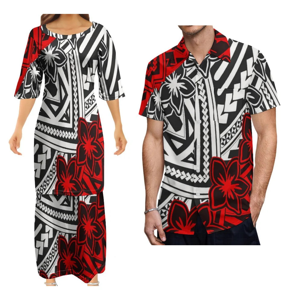 Fashion Island Couple Outfit Puletasi Set Hawaiian Floral Print Women'S Dress Polynesian Pop Samoa Logo Custom Men'S Aloha Shirt