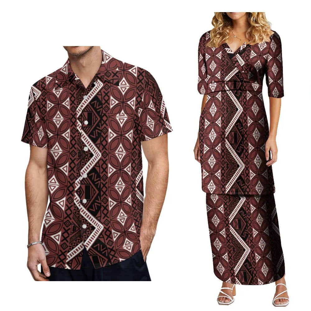 2024 Women'S High-Waisted Dress Puletasi Top And Maxi Pacific Island Holiday Party Outfit Matching Hawaiian Men'S Aloha Shirt