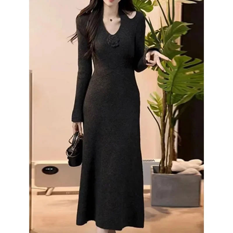Women's Black Midi Dress - Budget-Friendly High Waist V-Neck Long Sleeve