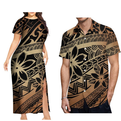 New Design Fashion Couple Set Aloha Shirt For Men And Slit Long Skirt For Women Quality Dress Polynesian Island