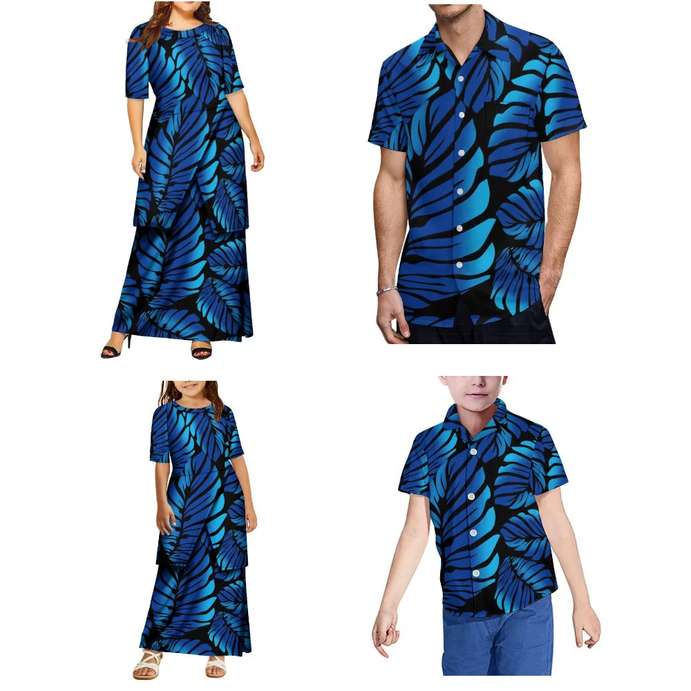 Summer Women And Girls' Round-Neck Puletasi Dress Polynesian Island Samoan Design Beach Party Men'S Aloha Shirt Family Set