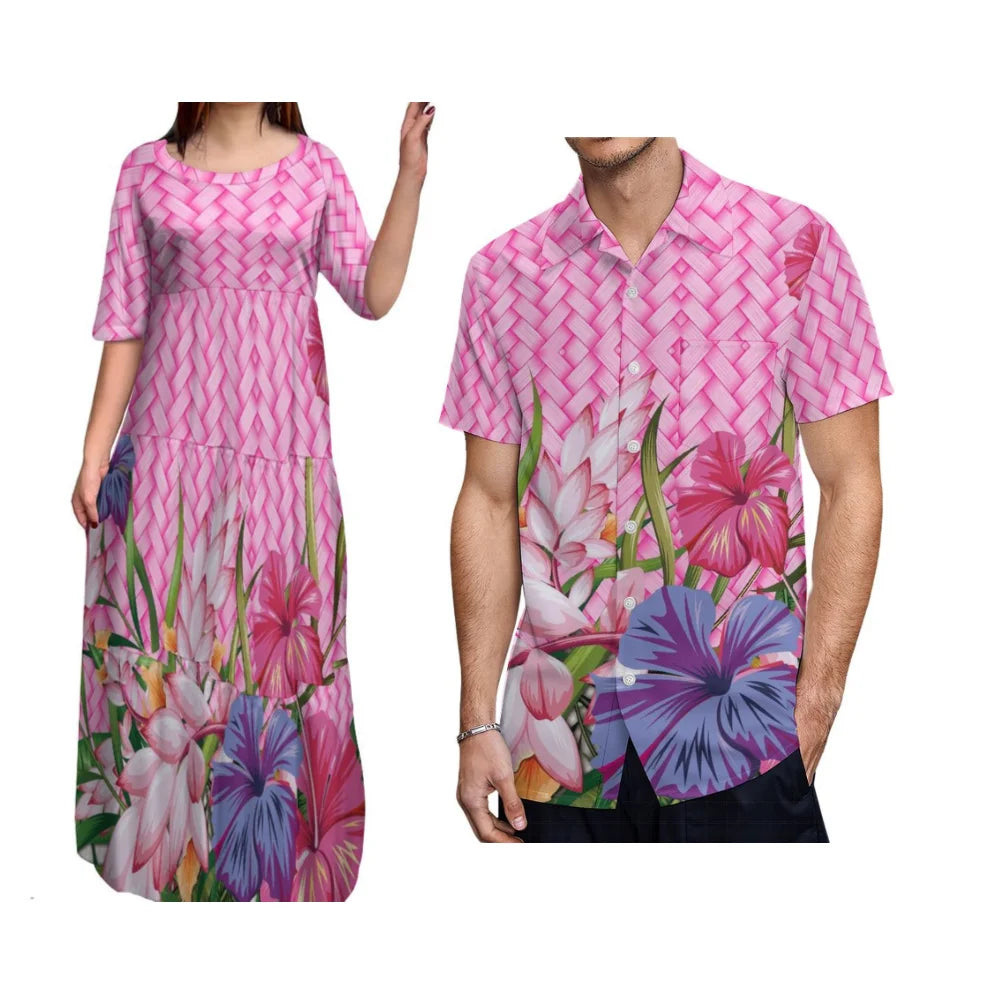 Island-Style Couple Set Elegant Women'S Crew-Neck Tiered Dress Full Skirt With Men'S Aloha Shirt Polynesian Island Design