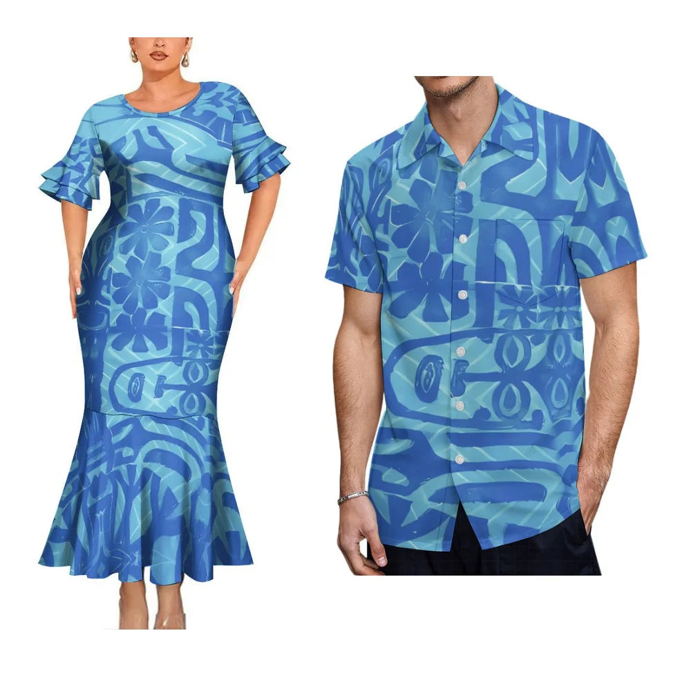 Island Style Couple Set Samoan Art Design Women'S Crew-Neck Fishtail Dress And Pacific Island Art Print Men'S Aloha Shirt