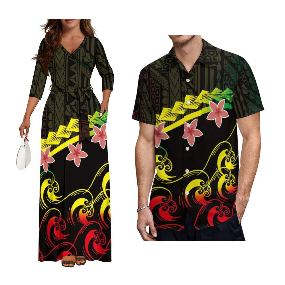 High-Quality New Design Couple Set Slim-Fitting Half-Sleeve Women'S Dress Polynesian Island Custom Men'S Aloha Shirt