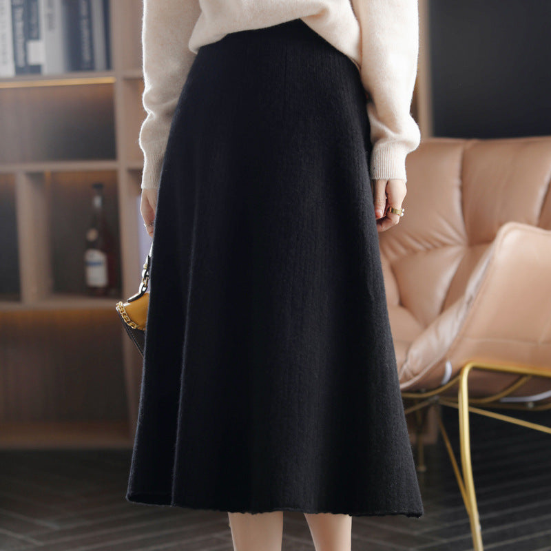 Wool Knitted Stretch Mid-length Cashmere Pleated Skirt