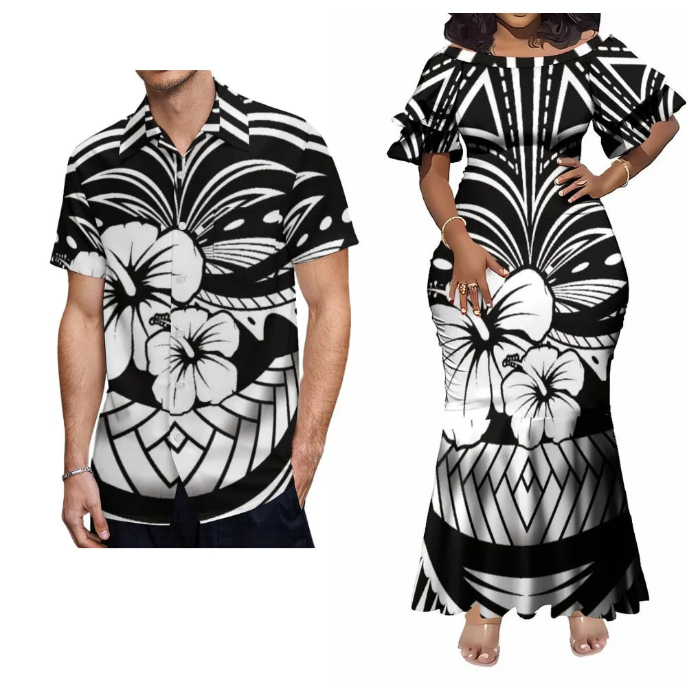 Hawaiian Floral Print Samoa Plus-Size Couple Set Pacific Island Sexy Slim-Fit Dress And Men'S Aloha Shirt Support Your Design