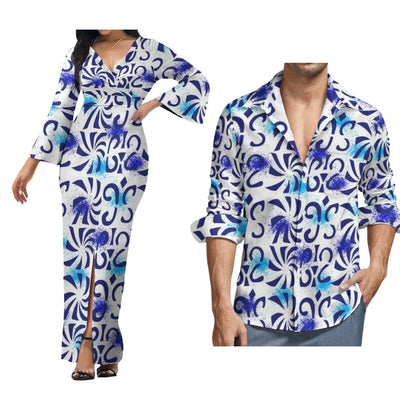 Custom Polynesian Island Style Samoa-Fiji Plus Size Couple Set Women'S Dress Beach Party Split Skirt And Men'S Aloha Shirt
