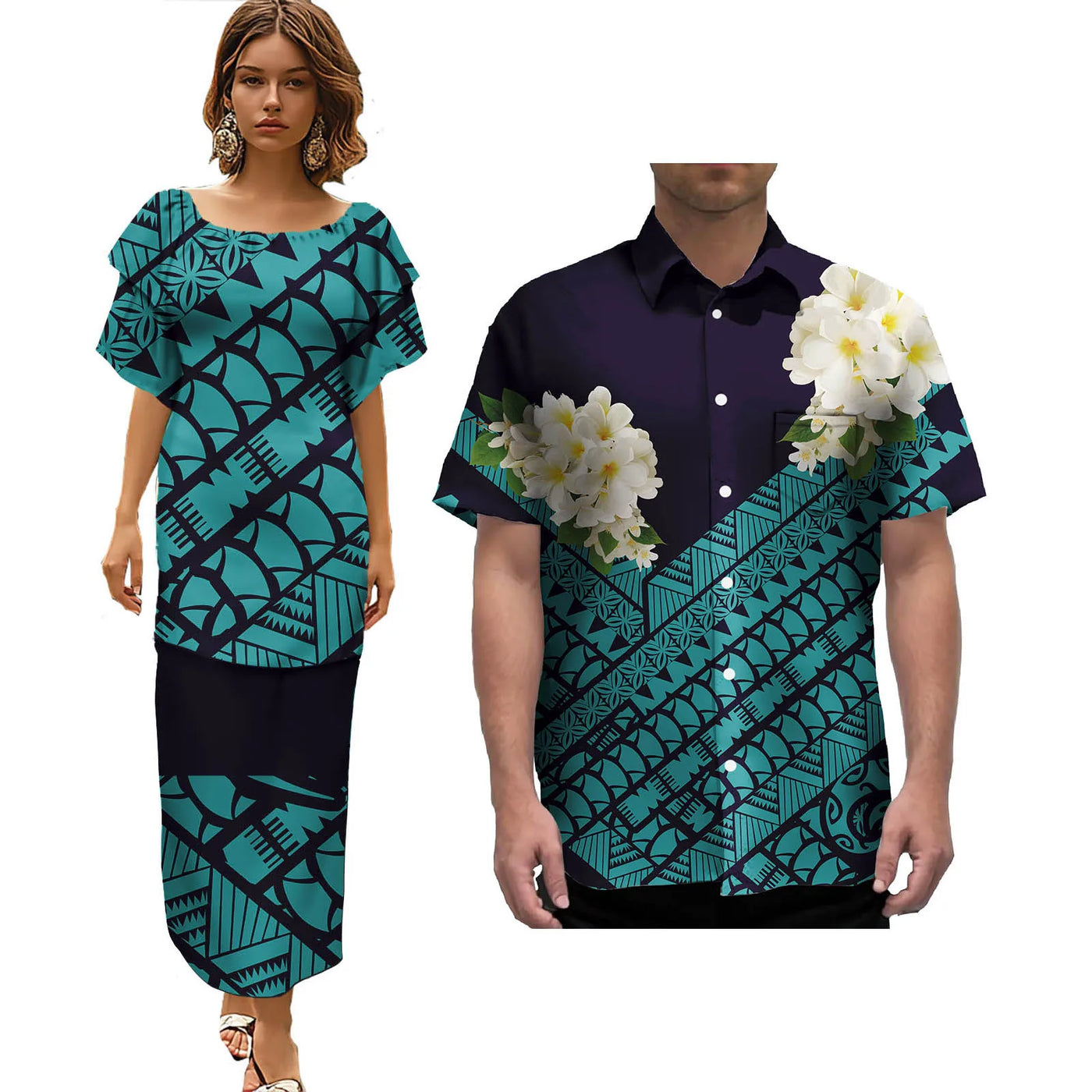 Hot Selling Pacific Island Art Trendy Lady Puletasi Dresses and Men Aloha Shirt Polynesian Tribal Couple Suit