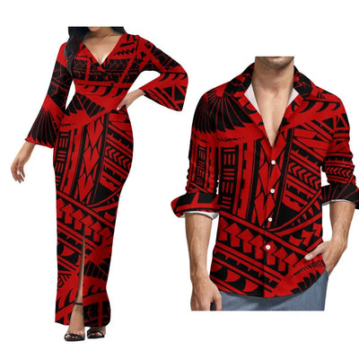 Custom Polynesian Island Style Samoa-Fiji Plus Size Couple Set Women'S Dress Beach Party Split Skirt And Men'S Aloha Shirt