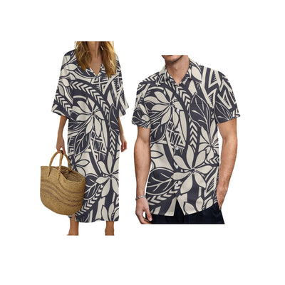 New Print on Demand Custom Polynesian Island Design V Neck Ladies Dress Matching Aloha Men Short Sleeve Shirts Couple Clothing