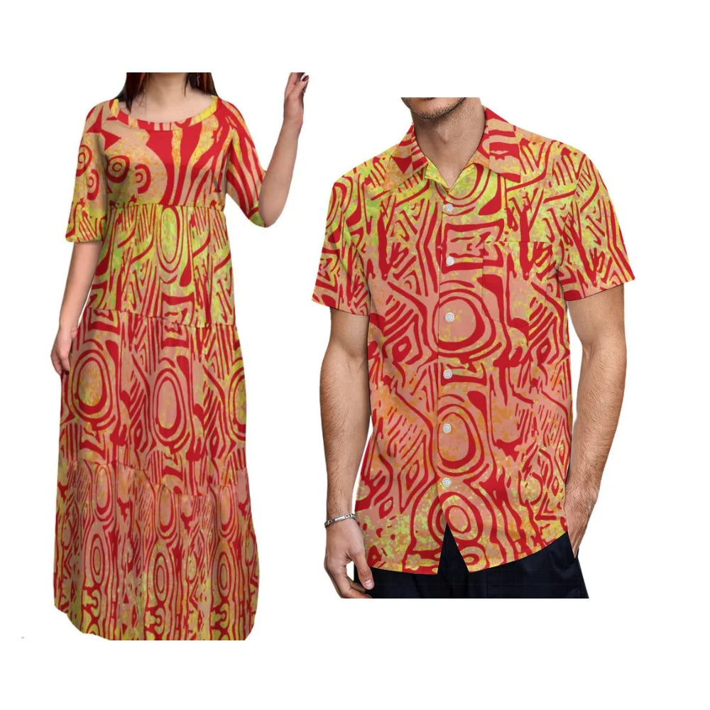 Island-Style Couple Set Elegant Women'S Crew-Neck Tiered Dress Full Skirt With Men'S Aloha Shirt Polynesian Island Design