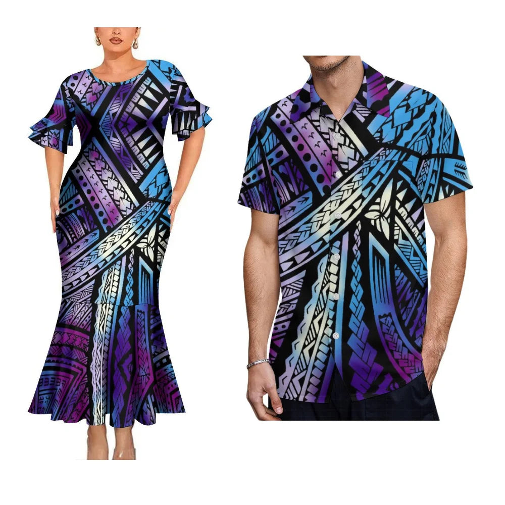 Island Style Couple Set Samoan Art Design Women'S Crew-Neck Fishtail Dress And Pacific Island Art Print Men'S Aloha Shirt