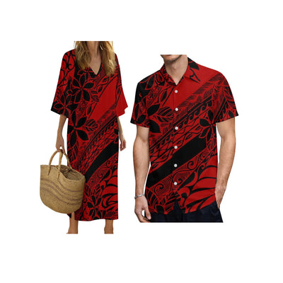 New Print on Demand Custom Polynesian Island Design V Neck Ladies Dress Matching Aloha Men Short Sleeve Shirts Couple Clothing