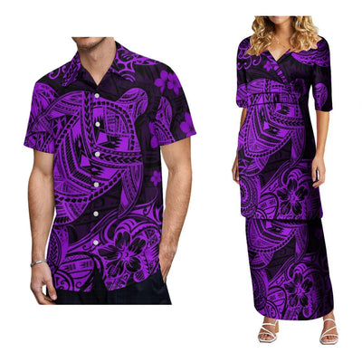 2024 Women'S High-Waisted Dress Puletasi Top And Maxi Pacific Island Holiday Party Outfit Matching Hawaiian Men'S Aloha Shirt