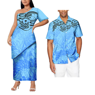 Plus Size Custom Couple Of Set Puletasi Samoa 2Pcs Dress And Hawaii Men's Aloha Shirts Polynesian Island His And Hers Clothes