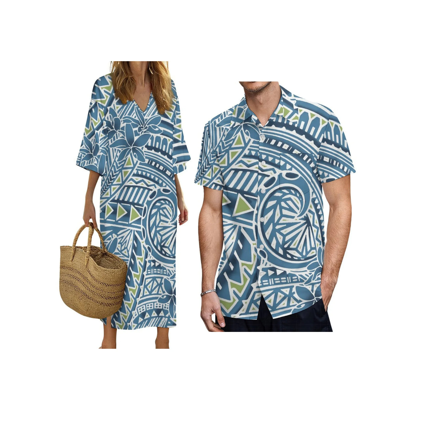 New Print on Demand Custom Polynesian Island Design V Neck Ladies Dress Matching Aloha Men Short Sleeve Shirts Couple Clothing