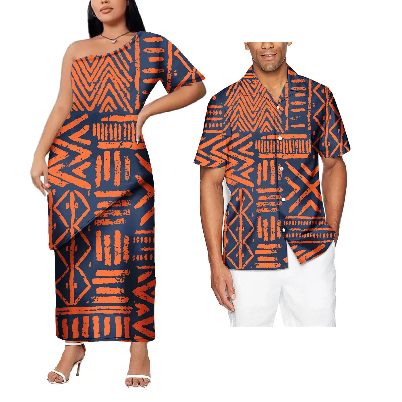 Plus Size Custom Couple Of Set Puletasi Samoa 2Pcs Dress And Hawaii Men's Aloha Shirts Polynesian Island His And Hers Clothes