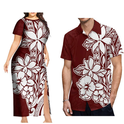 New Design Fashion Couple Set Aloha Shirt For Men And Slit Long Skirt For Women Quality Dress Polynesian Island