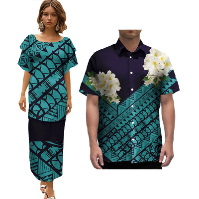 Hot Selling Pacific Island Art Trendy Lady Puletasi Dresses and Men Aloha Shirt Polynesian Tribal Couple Suit