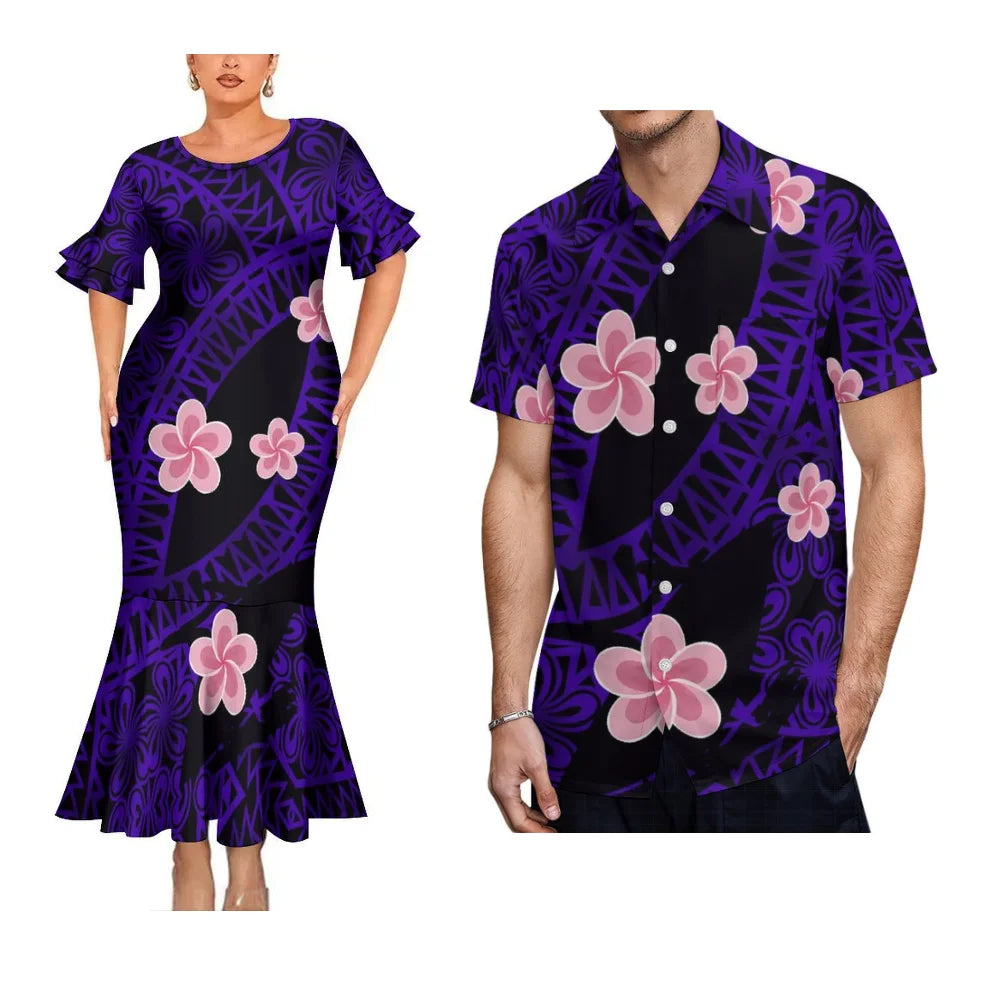 Island Style Couple Set Samoan Art Design Women'S Crew-Neck Fishtail Dress And Pacific Island Art Print Men'S Aloha Shirt