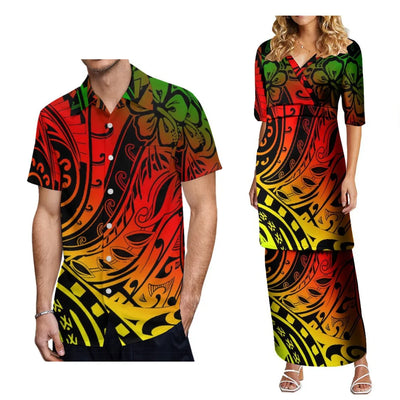 2024 Women'S High-Waisted Dress Puletasi Top And Maxi Pacific Island Holiday Party Outfit Matching Hawaiian Men'S Aloha Shirt