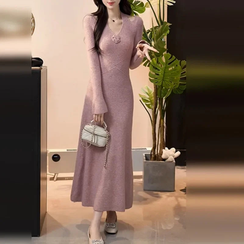 Women's Black Midi Dress - Budget-Friendly High Waist V-Neck Long Sleeve