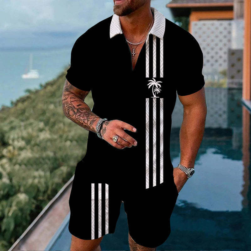 Cross-border Platform Summer 3D Printed Polo Short-sleeved Shorts Suit European And American Style Men's Hawaii 2-piece Set
