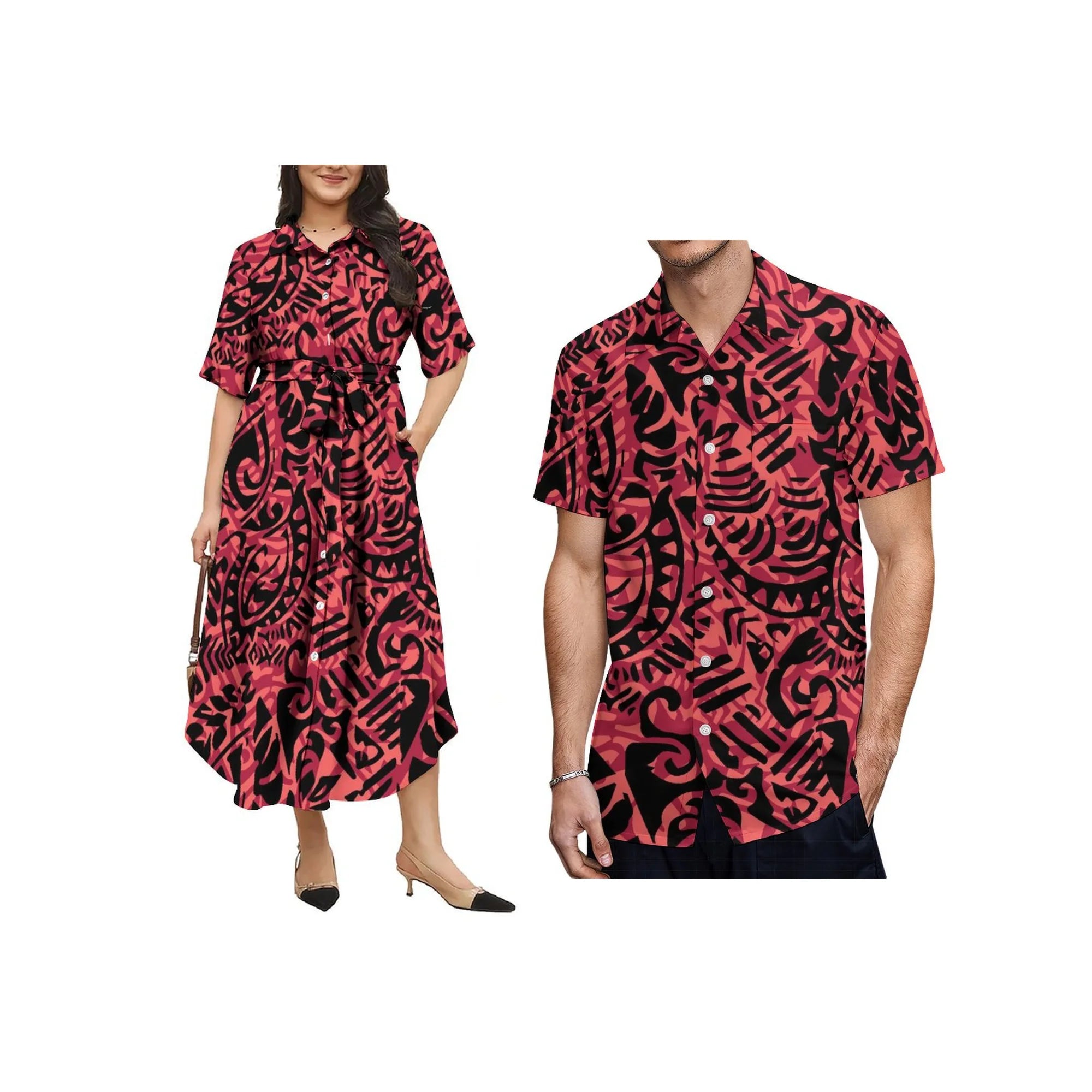 New Polynesian Island Design Custom Plus Size Aloha Men Casual Shirt Match Button Shirts Women Lace up Dress Couple Clothes