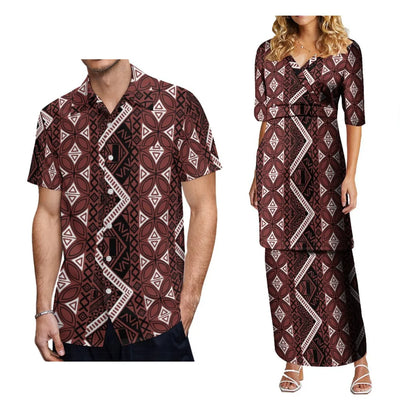 2024 Women'S High-Waisted Dress Puletasi Top And Maxi Pacific Island Holiday Party Outfit Matching Hawaiian Men'S Aloha Shirt